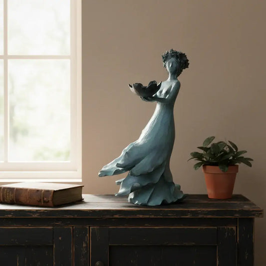 Decorative statue of a woman holding birds on a wooden surface with a plant and book in the background.