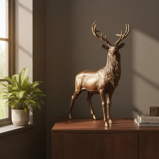 Bronze deer statue on a wooden cabinet with a plant and books in the background