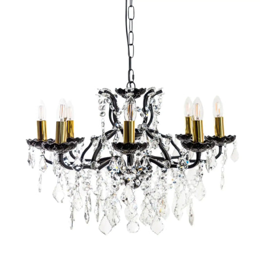 Chandelier with crystal accents and gold candle-like lights on a white background