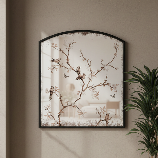 Arched decorative wall mirror with a black frame and a delicate branch-and-bird print, mounted on a beige wall next to a green plant.