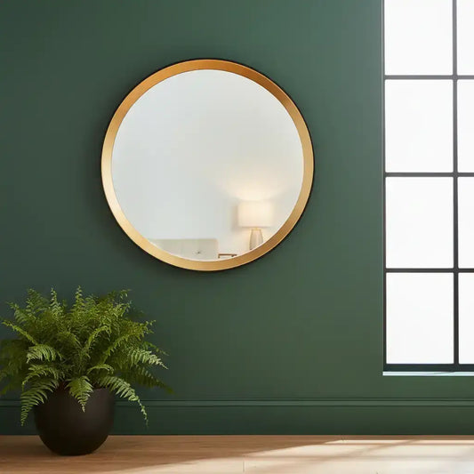 Round gold-framed mirror on a green wall with a potted plant below.