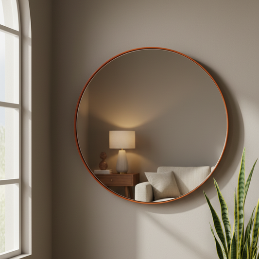 A large round wall mirror with a warm copper-toned frame hanging on a taupe-gray wall in a styled room. The mirror reflects a softly lit interior with a table lamp, side table, and sofa, while a green snake plant is visible in the lower right corner.