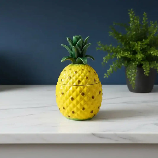 Yellow pineapple-shaped container on a marble surface with a dark blue background