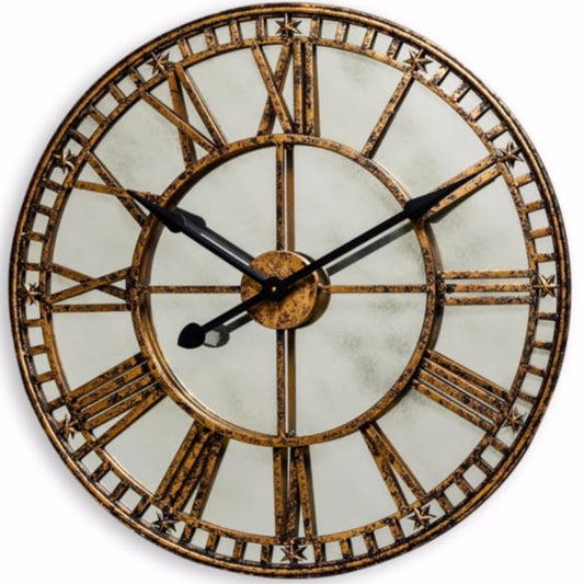 Decorative wall clock with Roman numeral markers on a white background