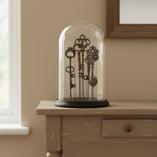 A set of ornate antique-style metal keys displayed inside a clear glass cloche dome on a round black base, set on a distressed wooden console table in a warm beige room.