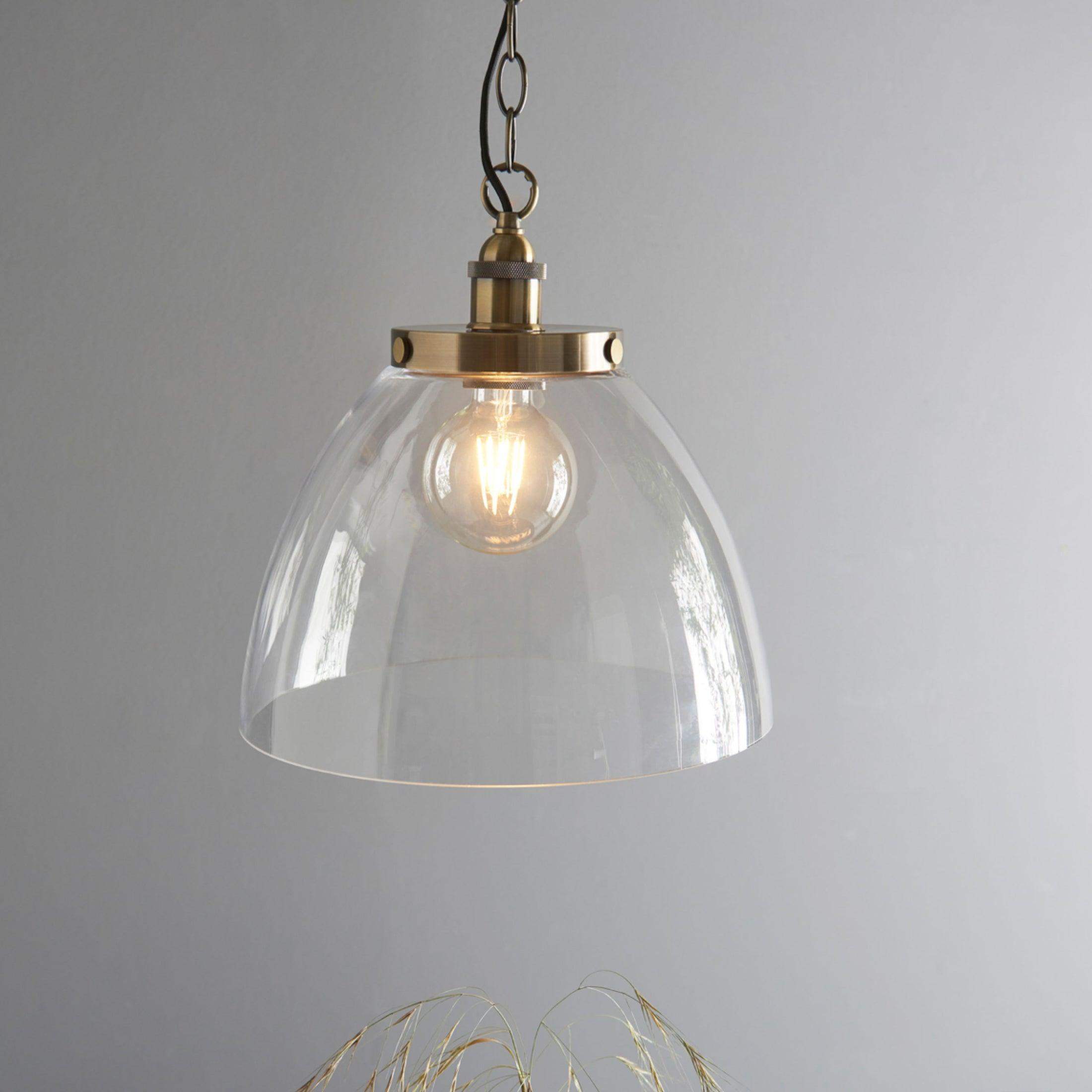 Large Glass Dome & Aged Brass Pendant Light