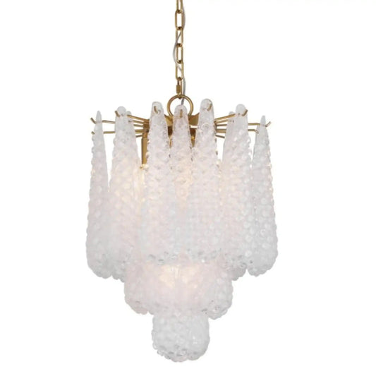 Chandelier with white glass and gold frame on a white background