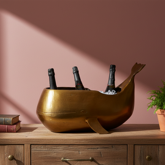 Gold whale-shaped wine cooler with bottles on a wooden surface against a pink wall.