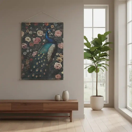 Peacock tapestry on a wall above a wooden console table with a plant in the corner.