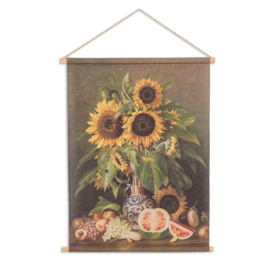 Decorative wall scroll with sunflowers and fruits on a white background