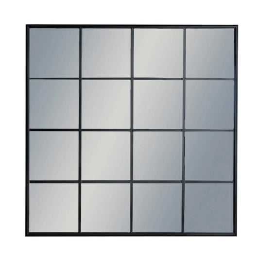 Glass panel with black frame and grid pattern on a white background