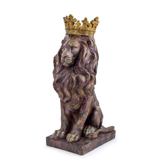 A bronze-finished lion statue with a detailed golden crown, sitting on a rectangular base against a plain white background.