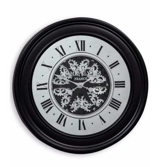Decorative wall clock with black frame and silver gears on a white background