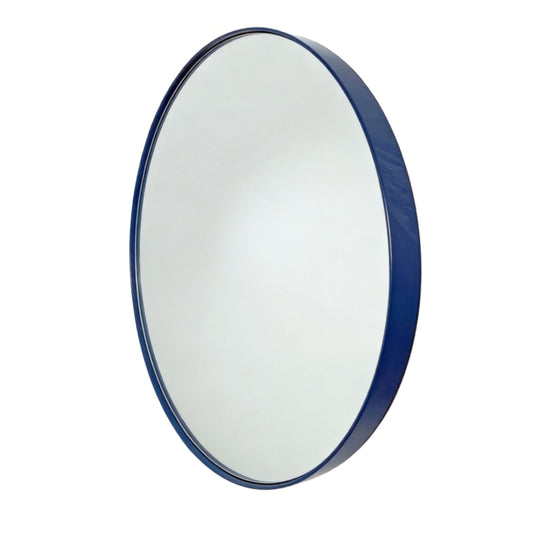 A round wall mirror with a glossy dark blue frame, shown at a slight angle against a plain white background.
