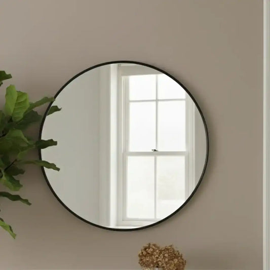 Large Round Slim Black Metal Frame Mirror