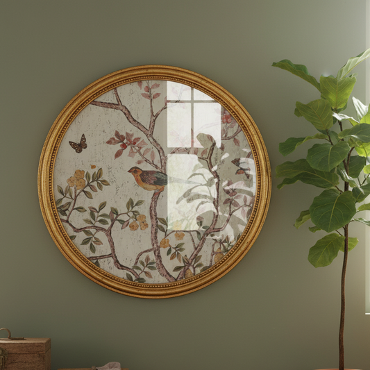 Round framed wall mirror with an ornate gold frame and a vintage-style botanical illustration of a bird and flowers, mounted on a sage green wall next to a potted fiddle-leaf fig plant.