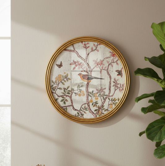 Round framed wall art featuring a vintage-style bird and floral branch illustration on a textured off-white background, with a gold frame, mounted on a beige wall next to a green plant.