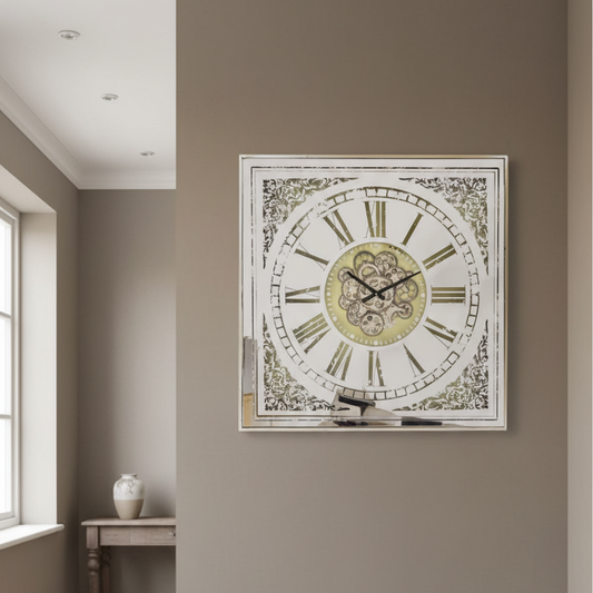Decorative wall clock with Roman numerals on a beige wall.