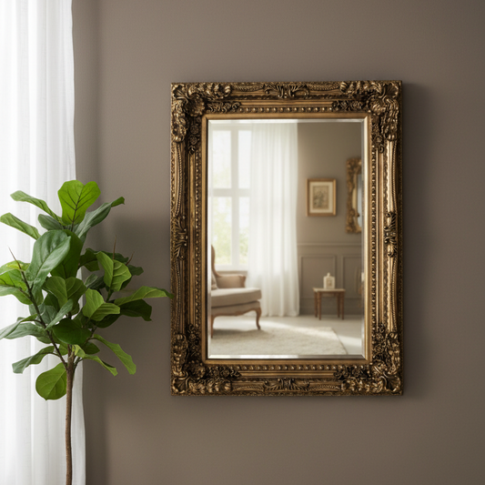Decorative gold-framed mirror on a wall with a plant to the left.