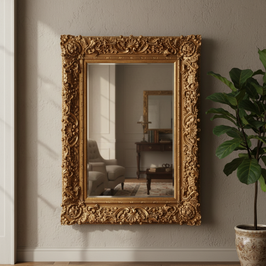 Decorative gold-framed mirror on a wall with a plant to the right.