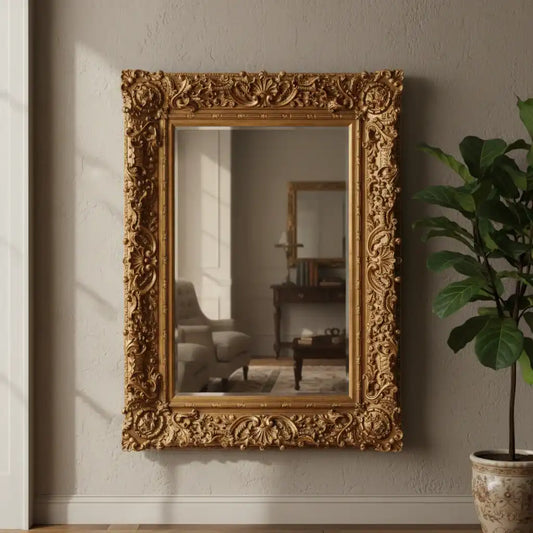 Decorative gold-framed mirror on a wall with a plant to the right.