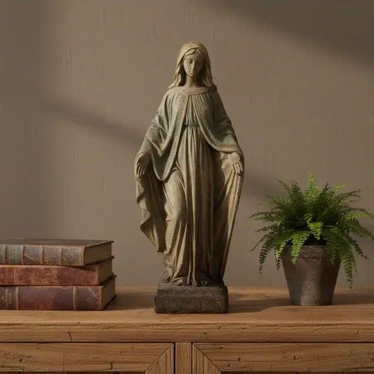 Statue of a draped figure on a wooden surface with books and a plant