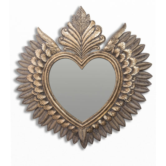 Decorative wall mirror with heart shape and floral design on a white background