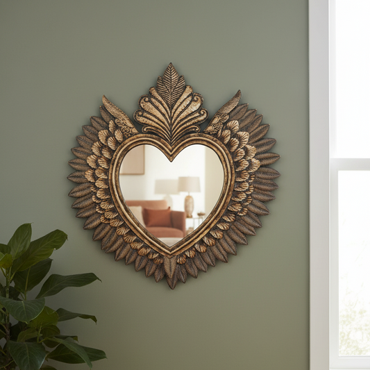 Decorative heart-shaped mirror with leaf-like designs on a green wall.