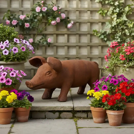 Terracotta pig statue surrounded by potted flowers in a garden setting.