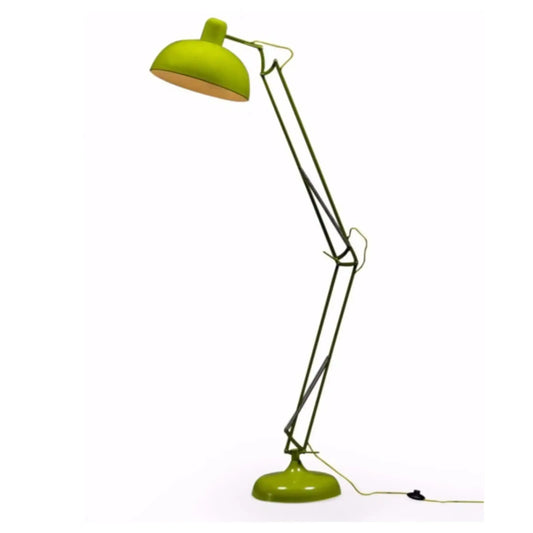 Green floor lamp with adjustable arm on a white background
