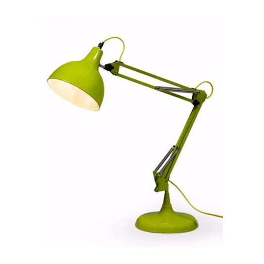 Green desk lamp with adjustable arm on a white background