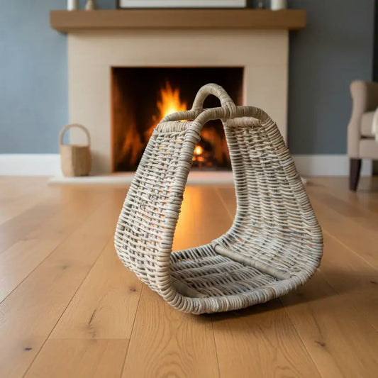 Woven basket on a wooden floor with a fireplace in the background