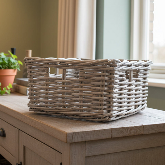 Wicker basket on a wooden surface with a blurred indoor background