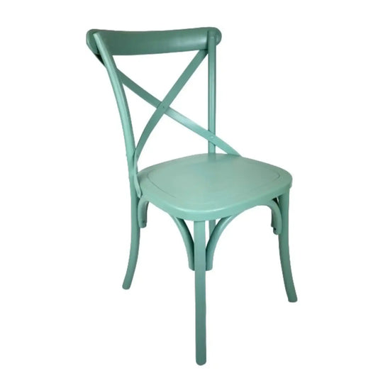 Mint green chair with a cross-back design on a white background