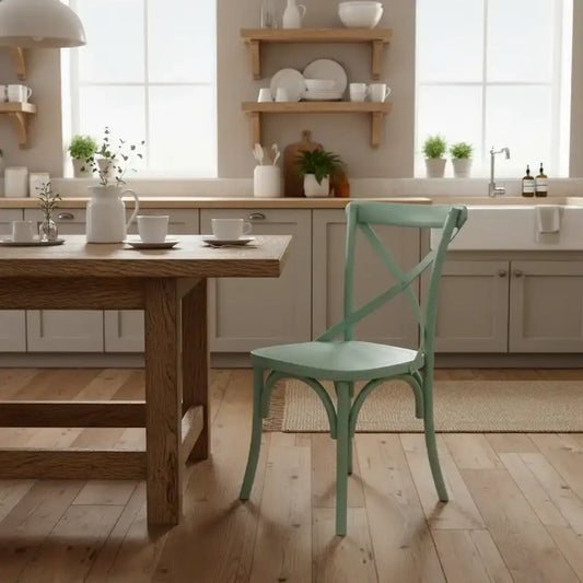 Kitchen with wooden table and green chair, shelves with kitchenware, and a sink.