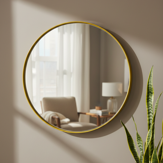 Round wall mirror with a thin gold frame, mounted on a beige wall. The mirror reflects a softly lit living room with a chair, side table, and lamp, while a green snake plant is visible in the foreground.