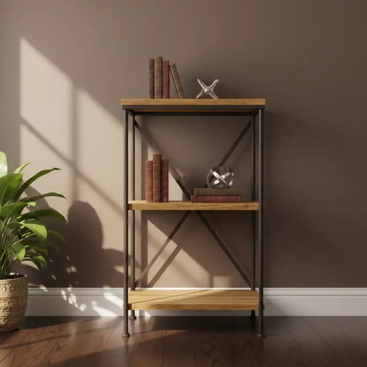 Wooden bookshelf with books and decorative items against a brown wall.