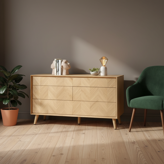 Wooden dresser with decorative items in a room with a green chair and plant.