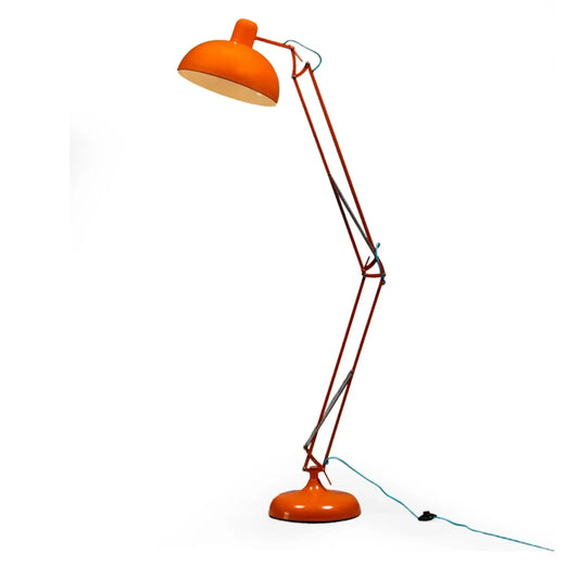 Orange floor lamp with adjustable arm on a white background