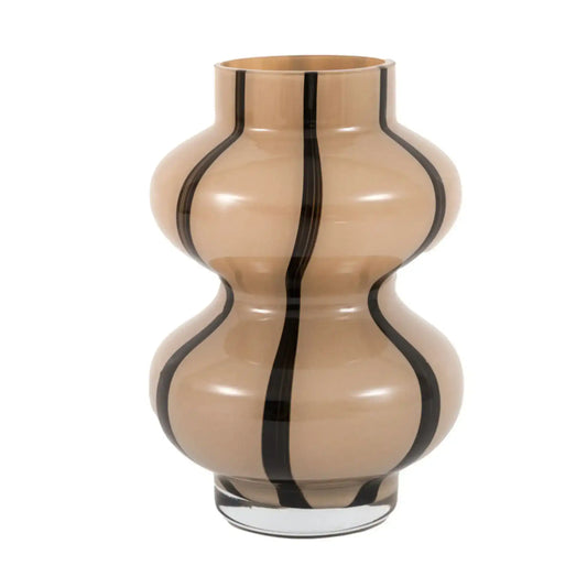 Beige vase with black stripes on a white background