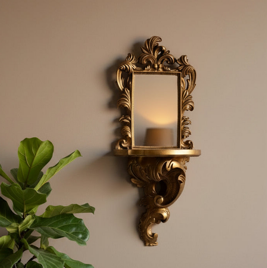 An ornate gold wall sconce with a decorative mirror and shelf, mounted on a beige wall with a green plant in the foreground.