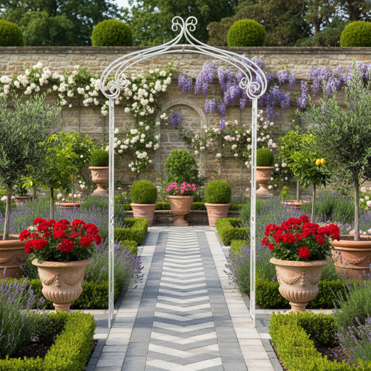 Garden pathway with decorative arch, potted plants, and flowers.