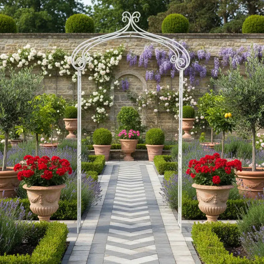Garden pathway with decorative arch, potted plants, and flowers.