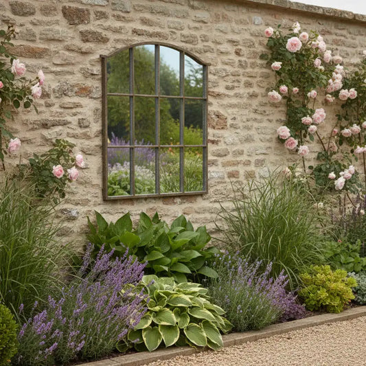 Garden scene with stone wall, mirror, and flowering plants
