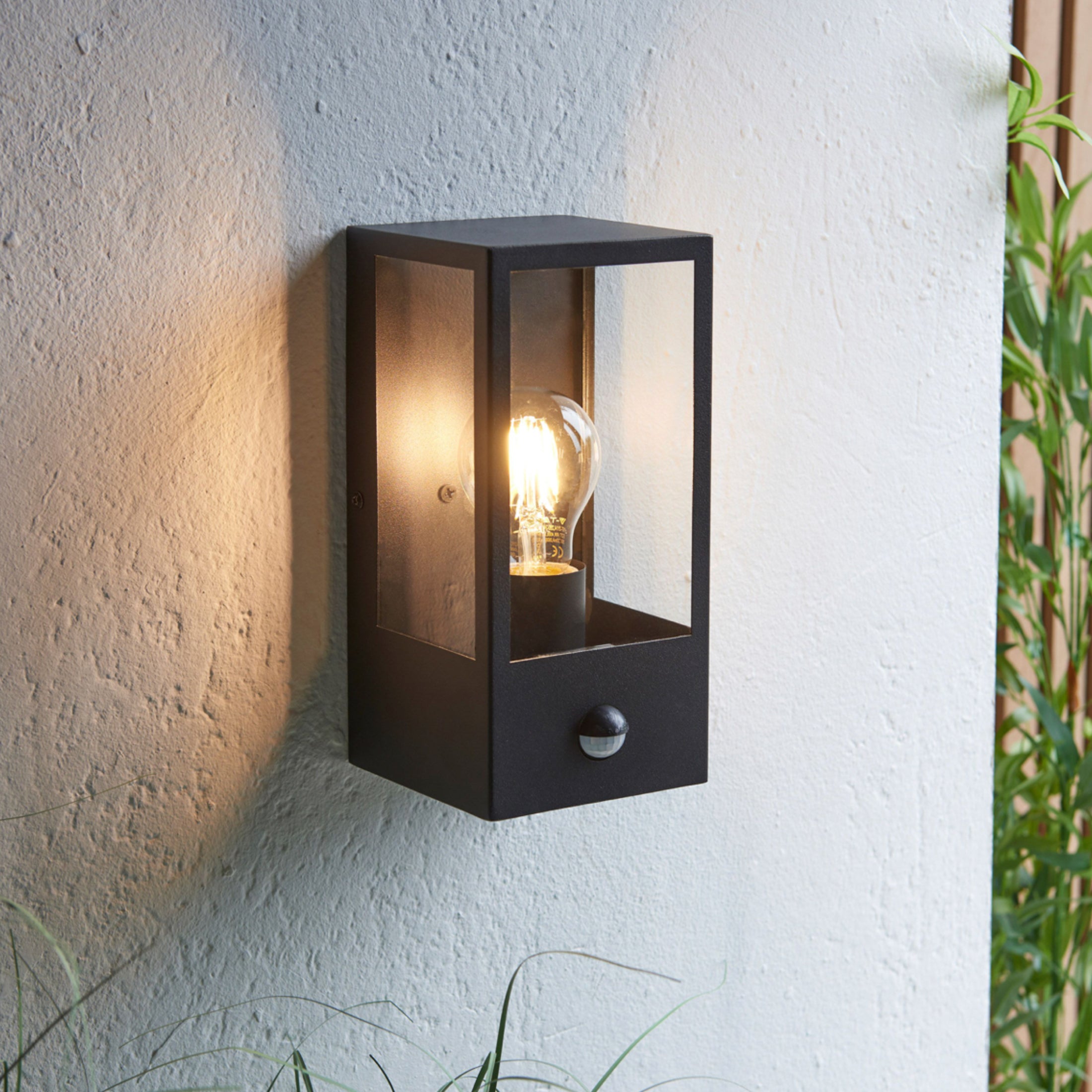 Outdoor Matt Black Box Lantern Wall Light with PIR Sensor 2