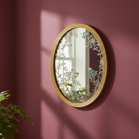 Decorative oval mirror with floral design on a maroon wall