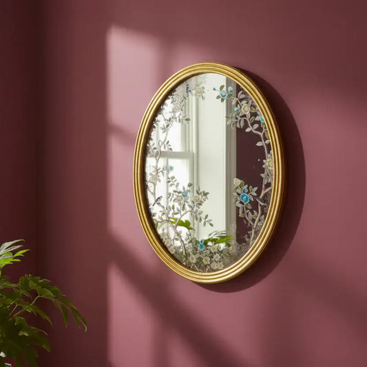 Decorative oval mirror with floral design on a maroon wall