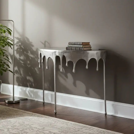 Decorative console table with books against a wall in a room with a plant and rug.