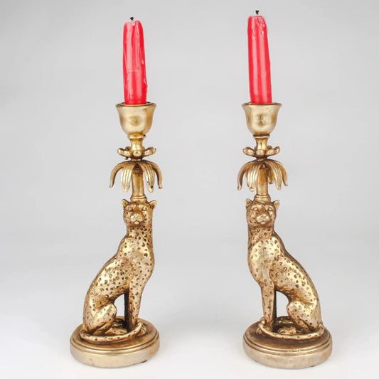 Pair of Antique Gold Leopard Candlestick Holders