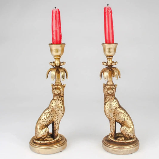 Pair of Antique Gold Leopard Candlestick Holders